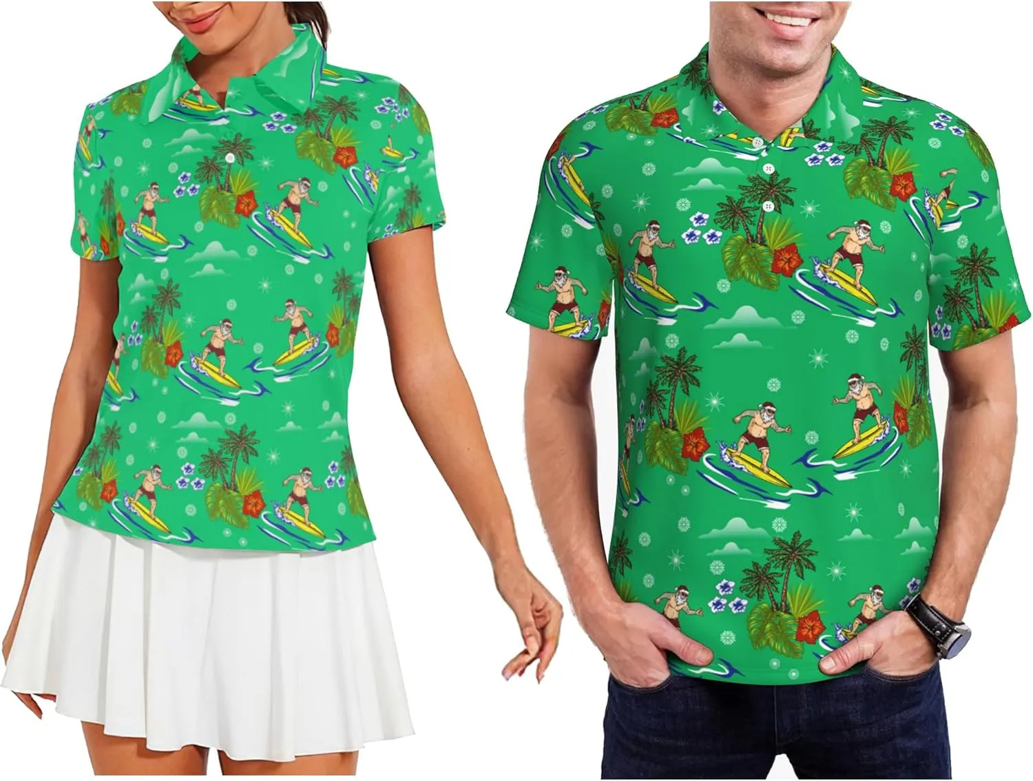 Funny Christmas Couple Golf Shirts,Matching Hawaiian Golf Shirt for Couple,Moisture Wicking Couple Polo Shirt for Men Women