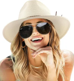 FURTALK Sun Hats for Women Summer Wide Brim UV UPF 80  Panama Fedora Foldable Packable Straw Beach Hat