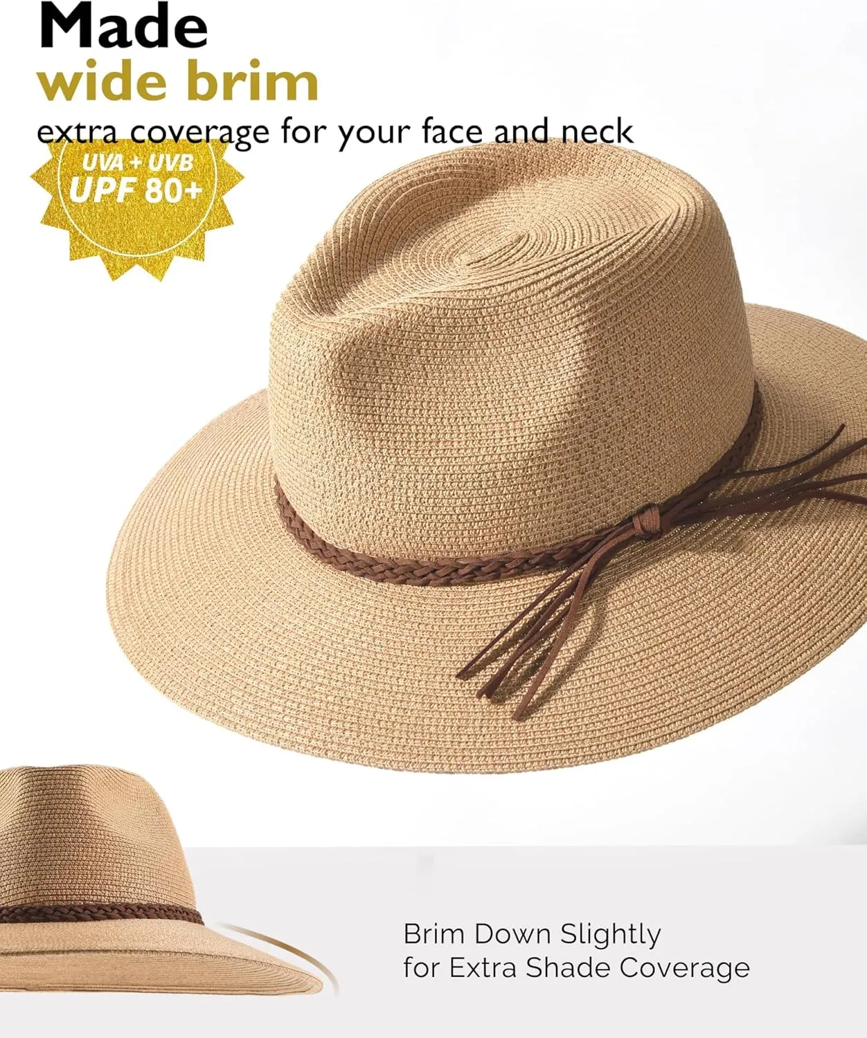 FURTALK Sun Hats for Women Summer Wide Brim UV UPF 80  Panama Fedora Foldable Packable Straw Beach Hat