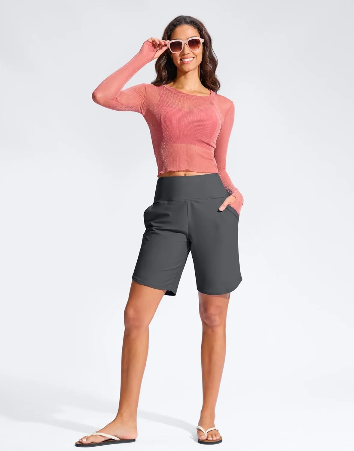 G Gradual Women's 9" Long Swim Board Shorts High Waisted Quick Dry Beach Swimming Shorts for Women with Pockets Liner