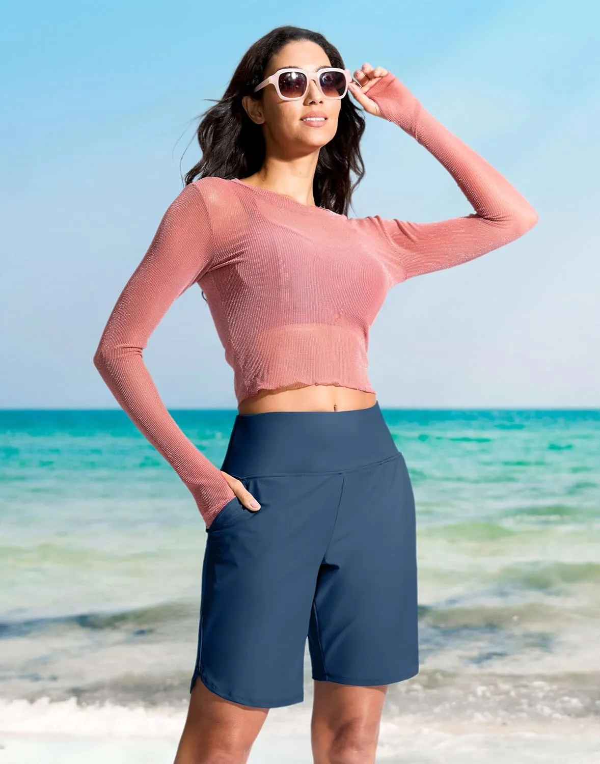 G Gradual Women's 9" Long Swim Board Shorts High Waisted Quick Dry Beach Swimming Shorts for Women with Pockets Liner