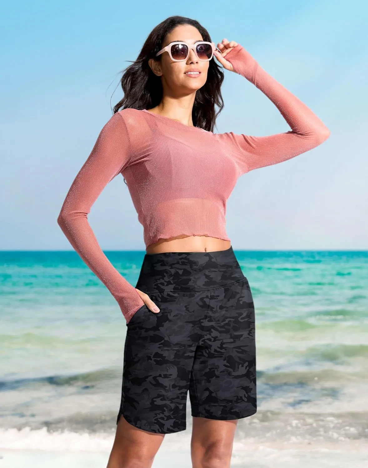 G Gradual Women's 9" Long Swim Board Shorts High Waisted Quick Dry Beach Swimming Shorts for Women with Pockets Liner