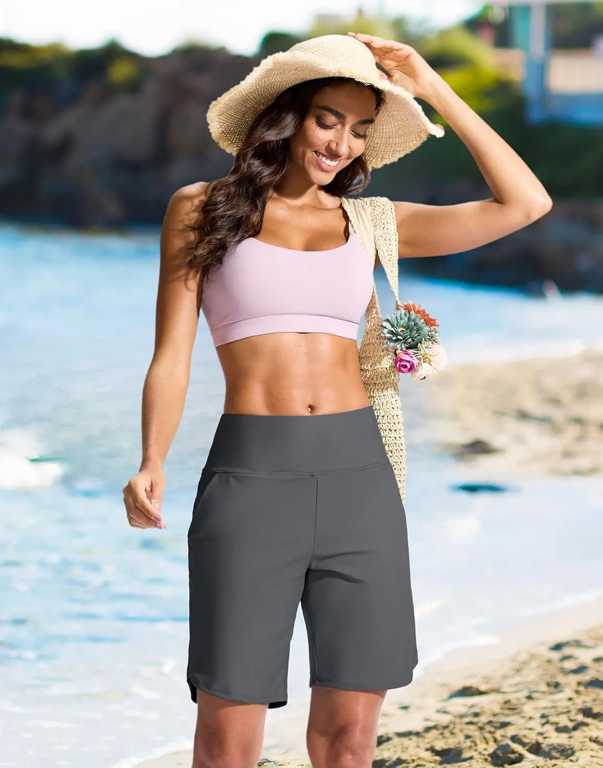 G Gradual Women's 9" Long Swim Board Shorts High Waisted Quick Dry Beach Swimming Shorts for Women with Pockets Liner