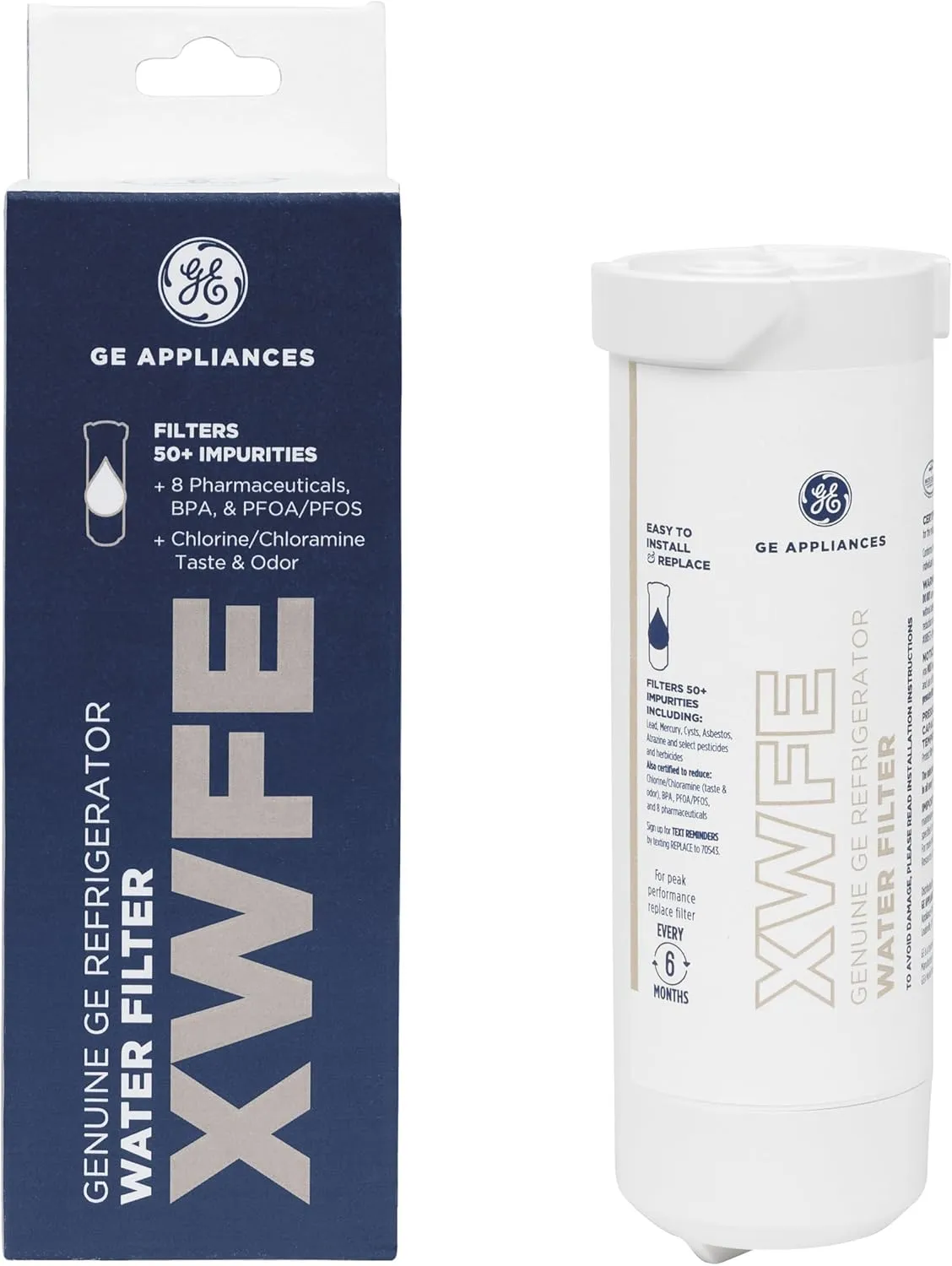 GE XWFE Refrigerator Water Filter, Genuine Replacement Filter, Certified to Reduce Lead, Sulfur, and 50  Other Impurities, Replace Every 6 Months for Best Results, Pack of 1