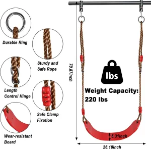 GOLDGE 3pcs Kids Outdoor Swing Set with Adjustable Ropes, Disc & Ring Hangers, Trapeze Bar, U-Board Seat and Monkey Bars with EVA Soft Disc for Backyard Play