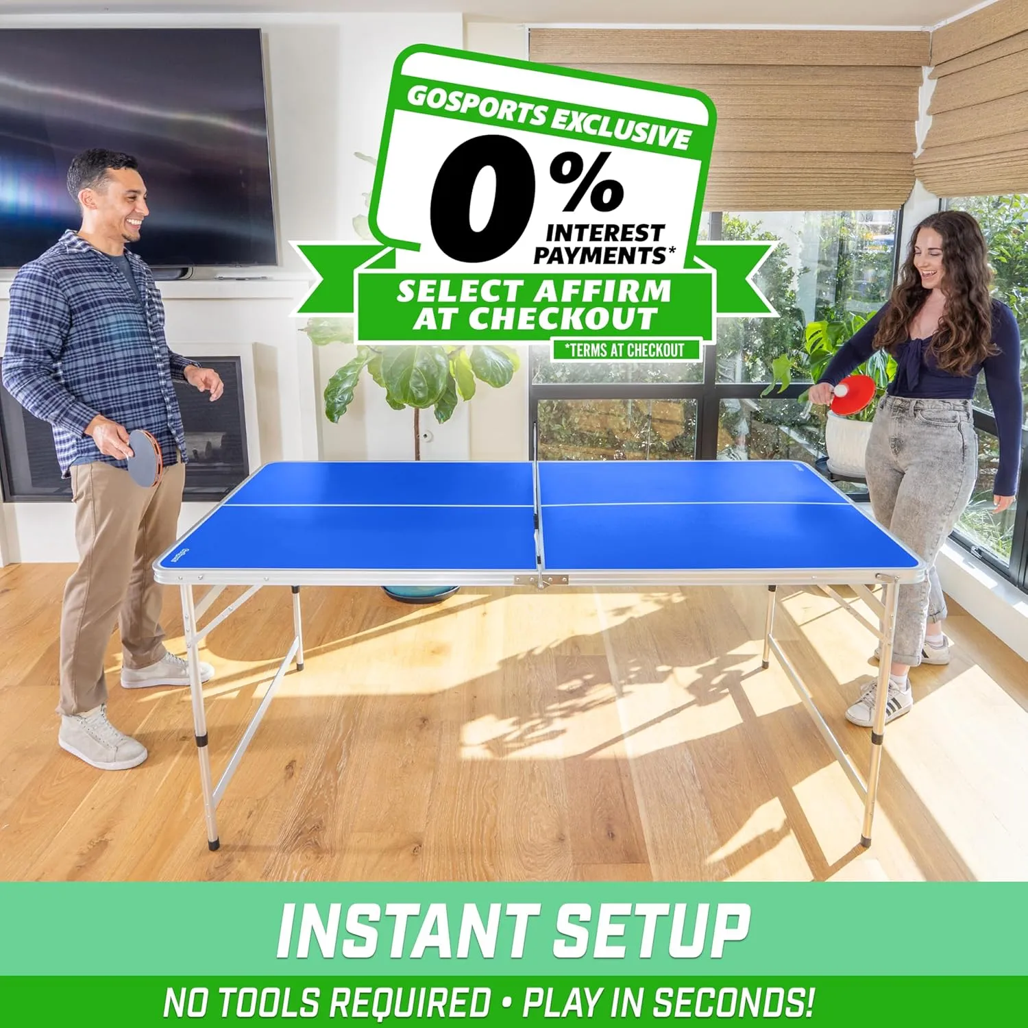 GoSports 6 x 3 ft Mid-Size Table Tennis Table Set with Adjustable Height - Green or Blue