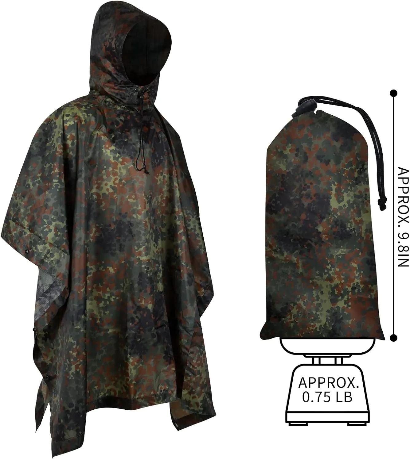 GRVCN Military Rain Poncho, Camouflage Raincoat Outdoor Waterproof Lightweight
