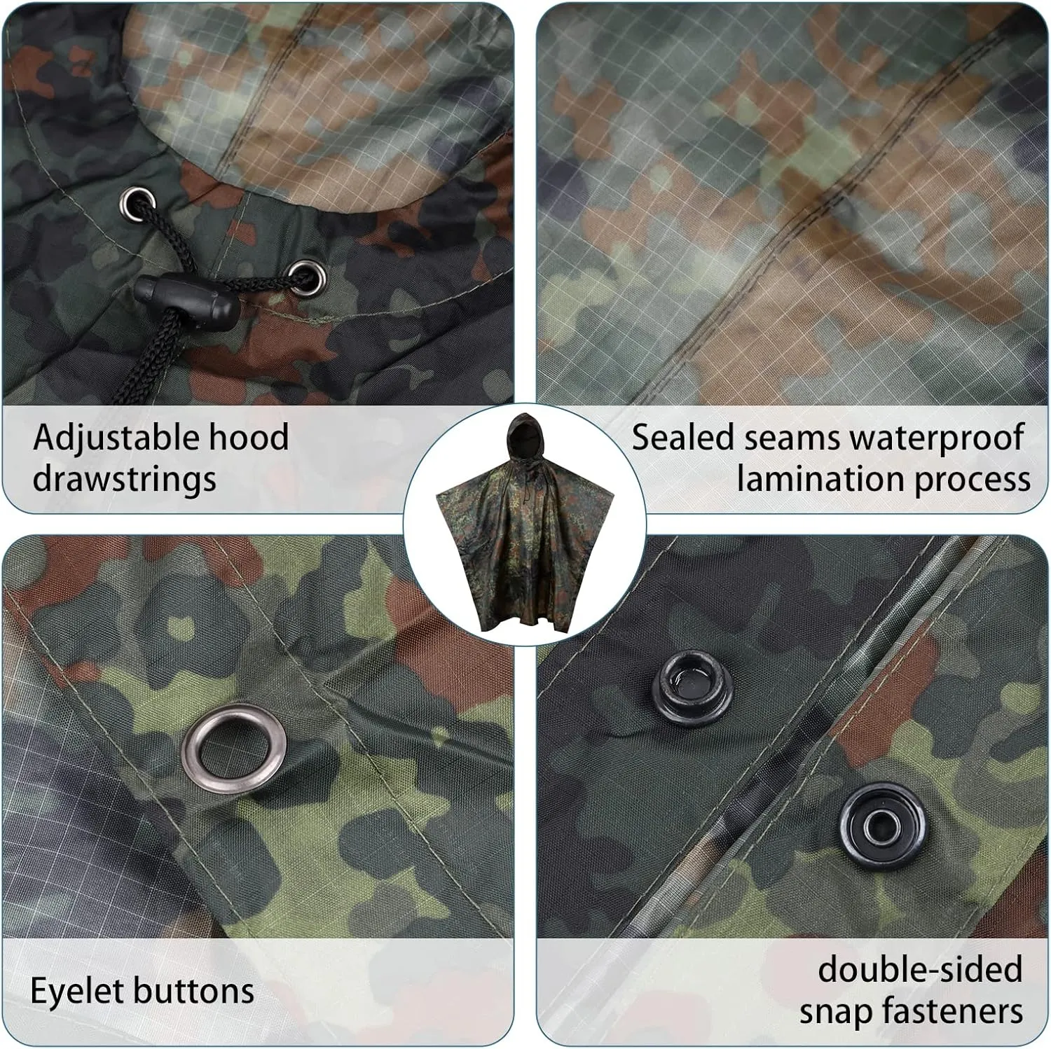 GRVCN Military Rain Poncho, Camouflage Raincoat Outdoor Waterproof Lightweight