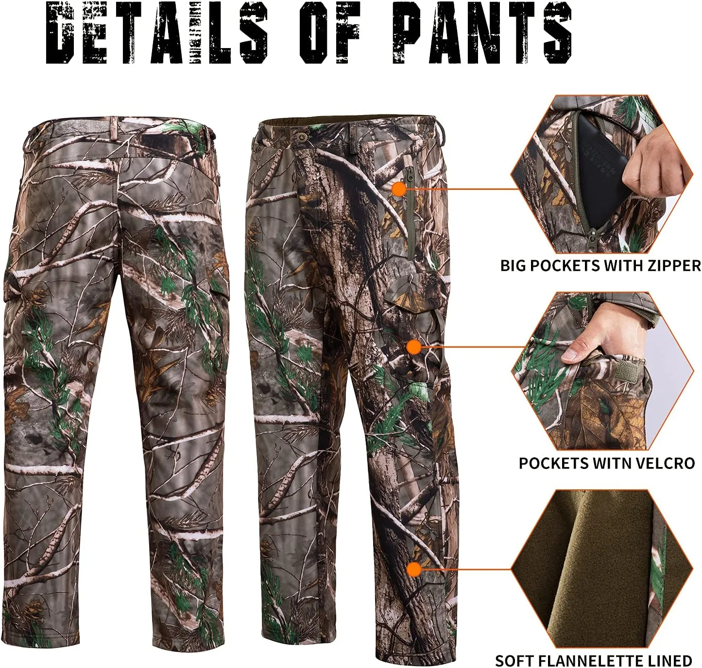 Hunting Pants for Men Camouflage Clothing Gear Windproof Fleece Lined for Winter
