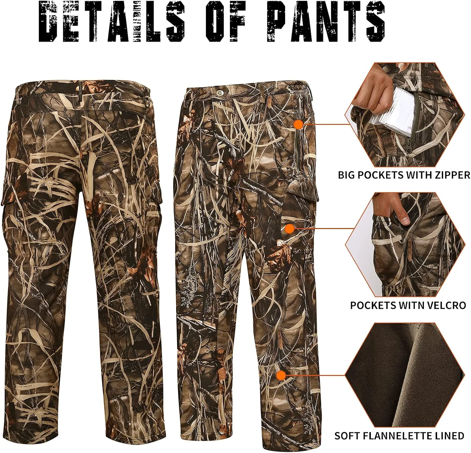 Hunting Pants for Men Camouflage Clothing Gear Windproof Fleece Lined for Winter