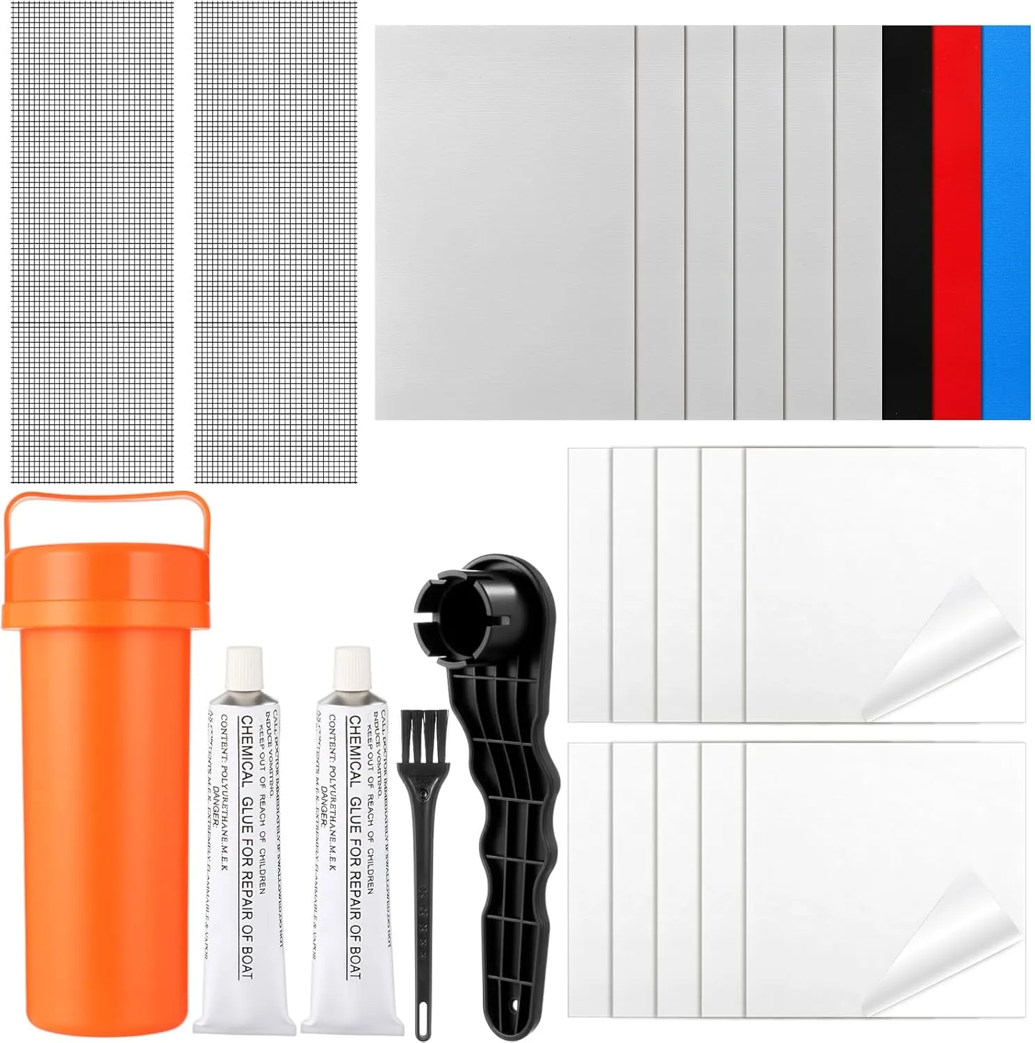 Inflatable Boat Repair Pool Liner Patch Kit 9 x PVC Patch, 10 x Clear Tpu Patch, 2 x Reinforcing Mesh Cord, 2 x 30 ml Glue, 1 x Maintenance Kit for Air Mattress Bounce House Inflatables Kayak Canoe