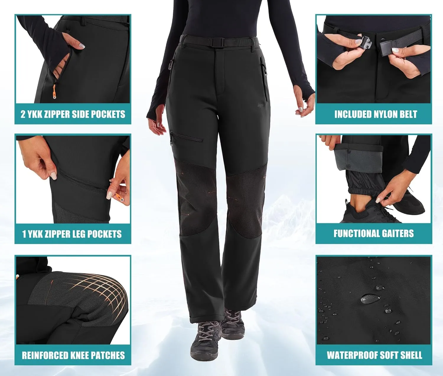 IUGA Snow Pants Womens Ski Hiking Pants Waterproof Outdoor Insulated Softshell Winter Fleece Lined Snowboard Pants 4 Pockets