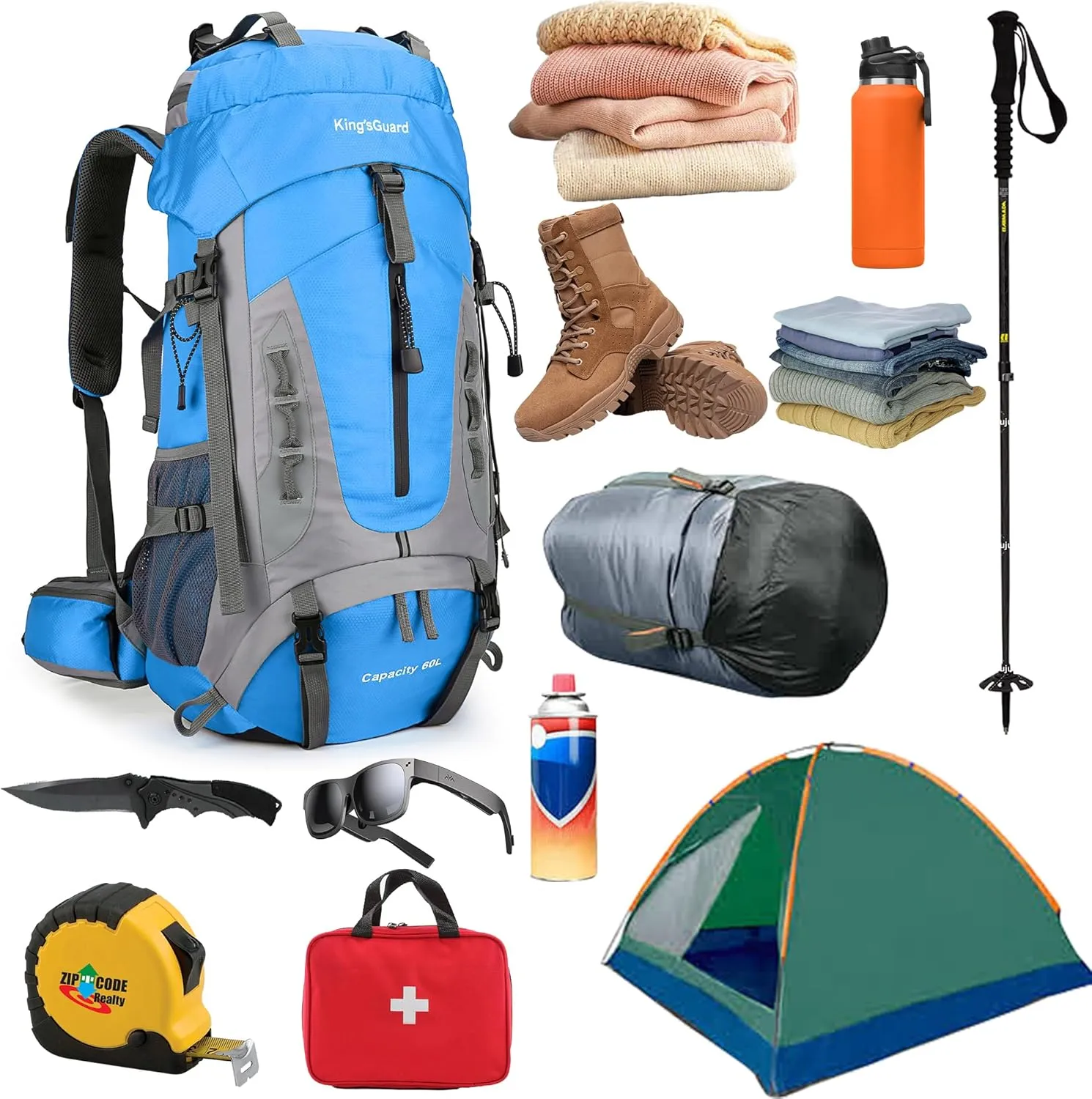 King'sGuard 60L Hiking Backpack Men Women Camping Backpack Waterproof Backpacking Mountaineering Climbing Daypack with Rain Cover (Blue)