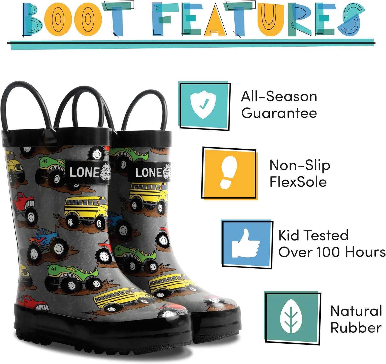 Lone Cone Kids Rain Boots for Girls & Boys  Waterproof Natural Rubber Toddler Rain Boots with Non-Slip Outsole & Easy Pull Handles  Solid, Pattern & Glitter Designs