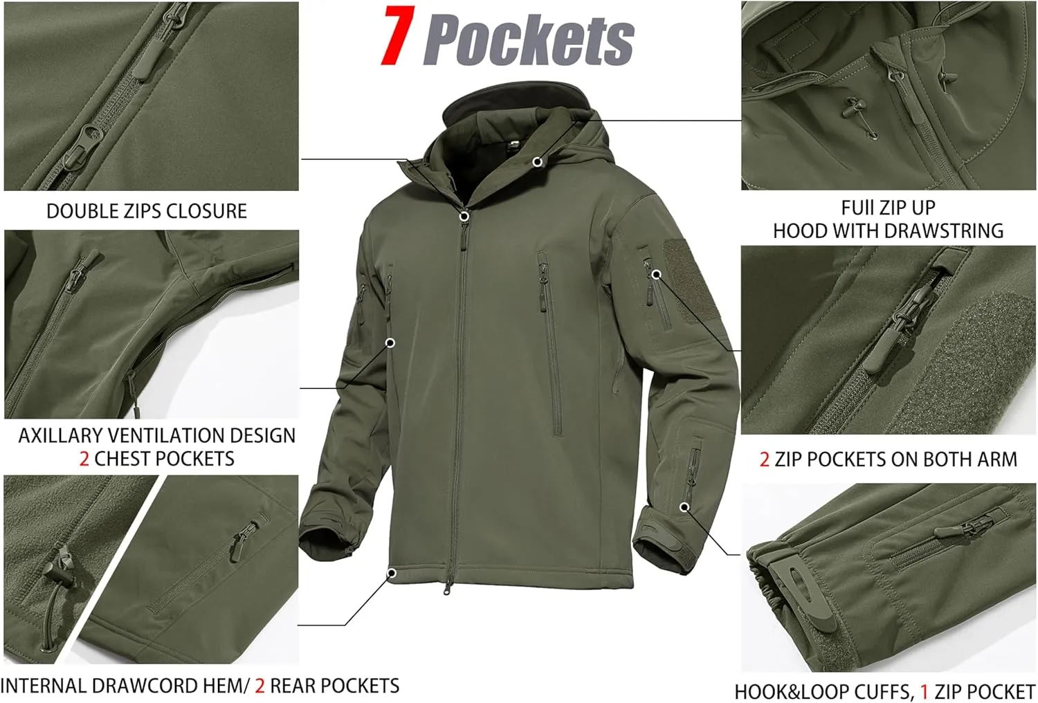 MAGCOMSEN Men's Tactical Jacket 7 Pockets Performance Fleece Lined Water Resistant Soft Shell Winter Coats