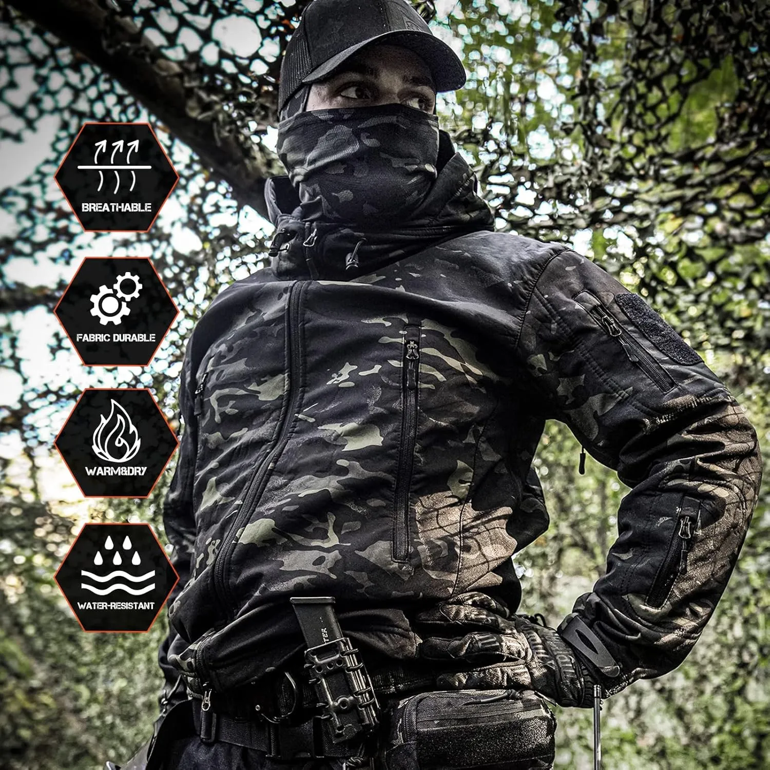 Men's Outdoor Waterproof Soft Shell Hooded Military Tactical Jacket
