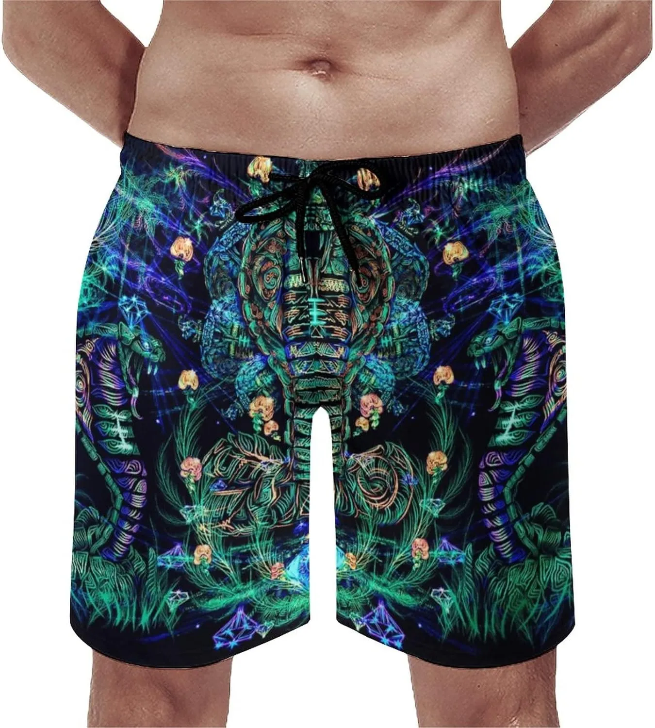 Mens Trippy Psychedelic Swim Trunks Beach Board Shorts with Mesh Lining and Pockets