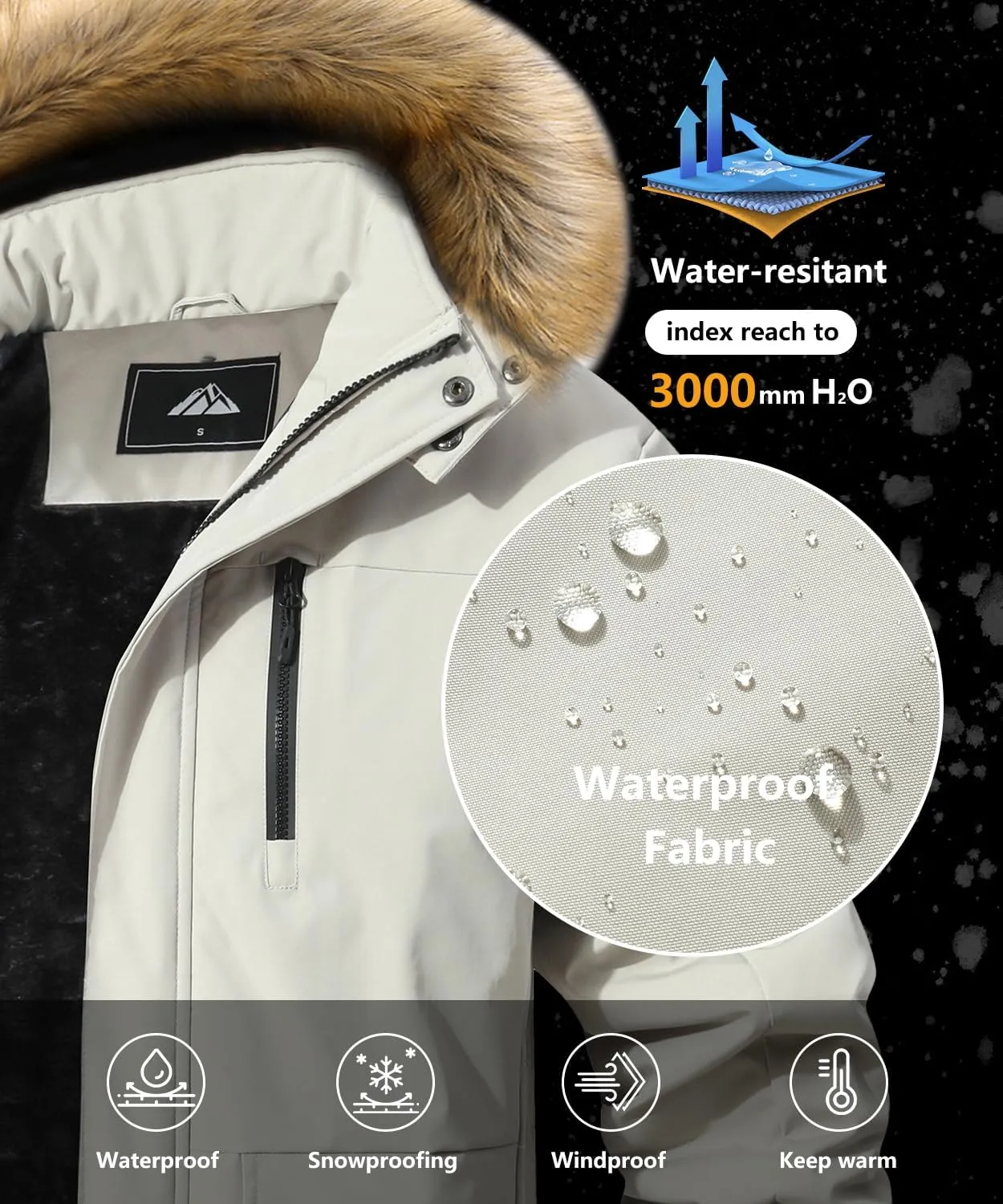 Men's Winter Coat Waterproof Warm Ski Snow Jacket Fur Hooded Parka Work Outerwear Snowboarding Jacket