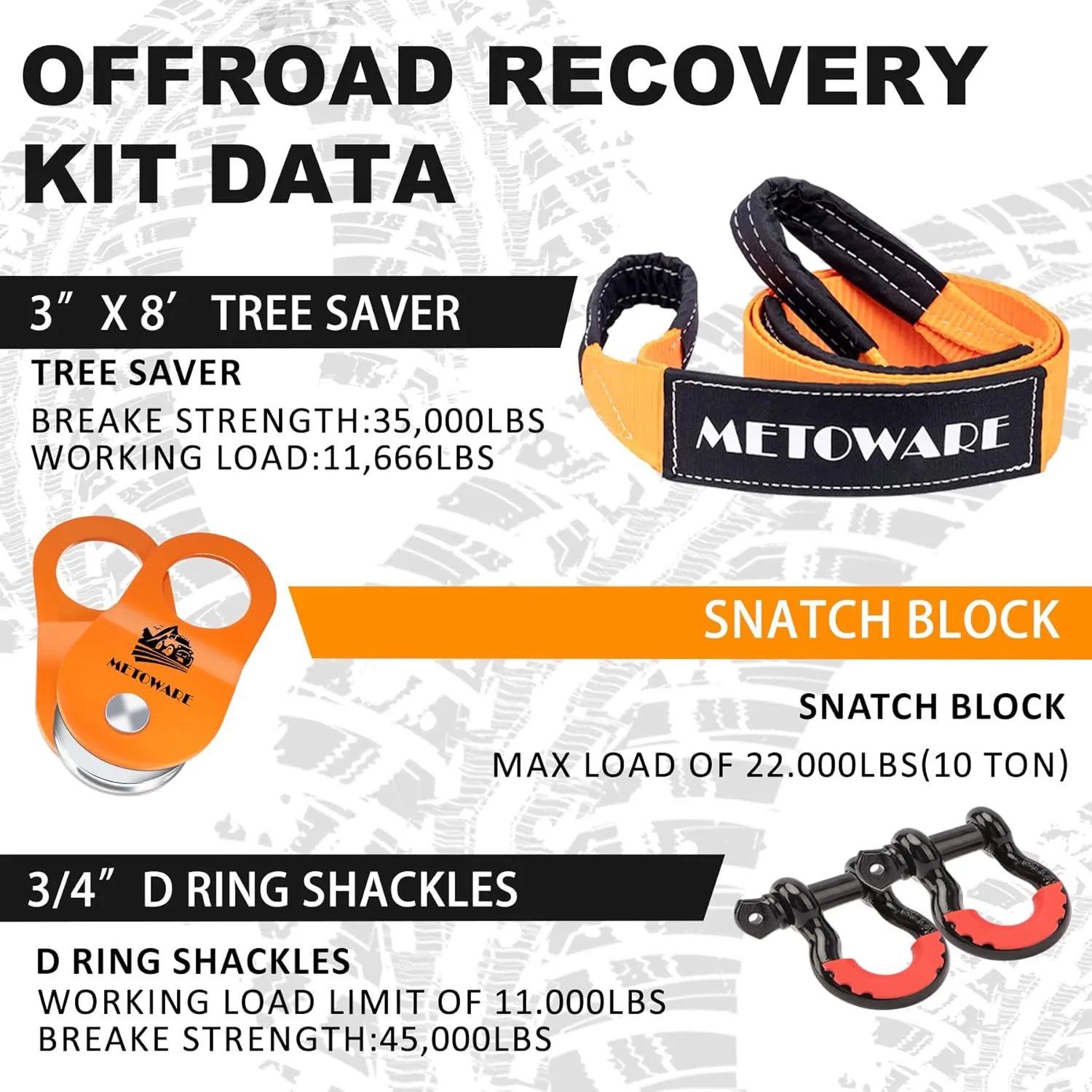 METOWARE Offroad Recovery Kit - 10 Ton Heavy Duty Winch Snatch Block Pulley, 3" x8' Tree Saver Strap and 2pk 3/4" D Ring Shackles