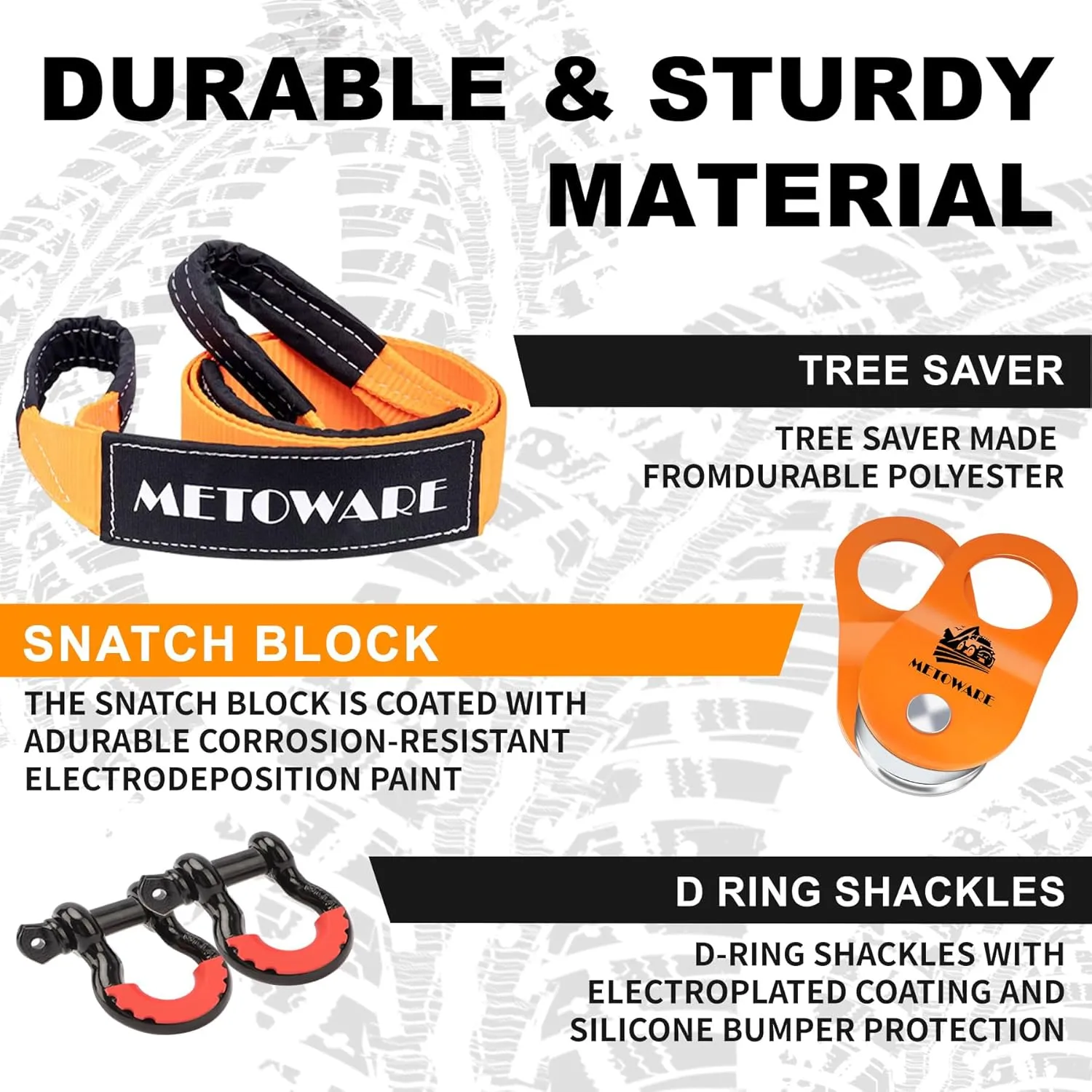 METOWARE Offroad Recovery Kit - 10 Ton Heavy Duty Winch Snatch Block Pulley, 3" x8' Tree Saver Strap and 2pk 3/4" D Ring Shackles