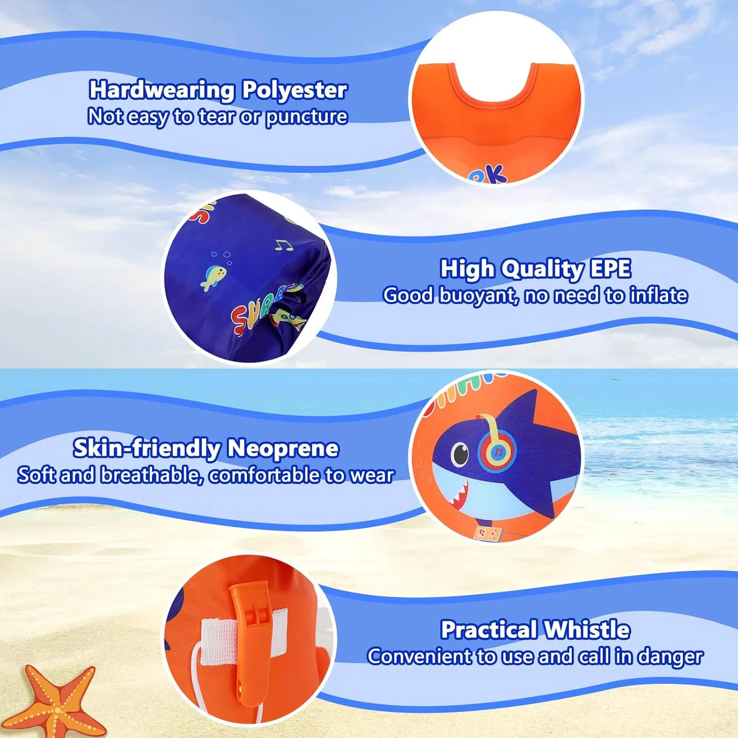 MoKo Toddler Swim Vest for Kids, Swim Arm Floaties 13-70lbs Cartoon Swimming Water Wings Pool Float Vests Sleeves Shoulder Straps Arm Band for Children Learn to Swim
