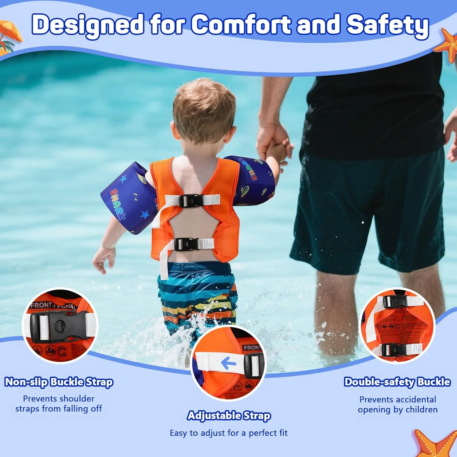MoKo Toddler Swim Vest for Kids, Swim Arm Floaties 13-70lbs Cartoon Swimming Water Wings Pool Float Vests Sleeves Shoulder Straps Arm Band for Children Learn to Swim