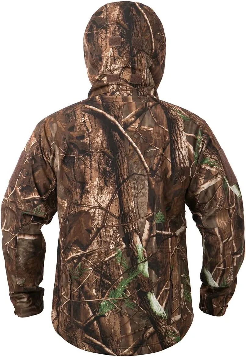NAVEKULL Silent Hunting Clothes for Men Soft Shell Outdoor Hiking Jacket Camo Water Resistant Fleece Hooded Coat with Pockets