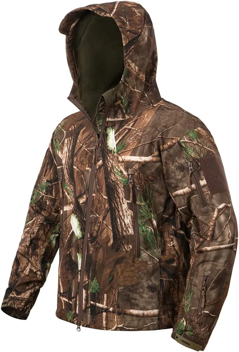 NAVEKULL Silent Hunting Clothes for Men Soft Shell Outdoor Hiking Jacket Camo Water Resistant Fleece Hooded Coat with Pockets