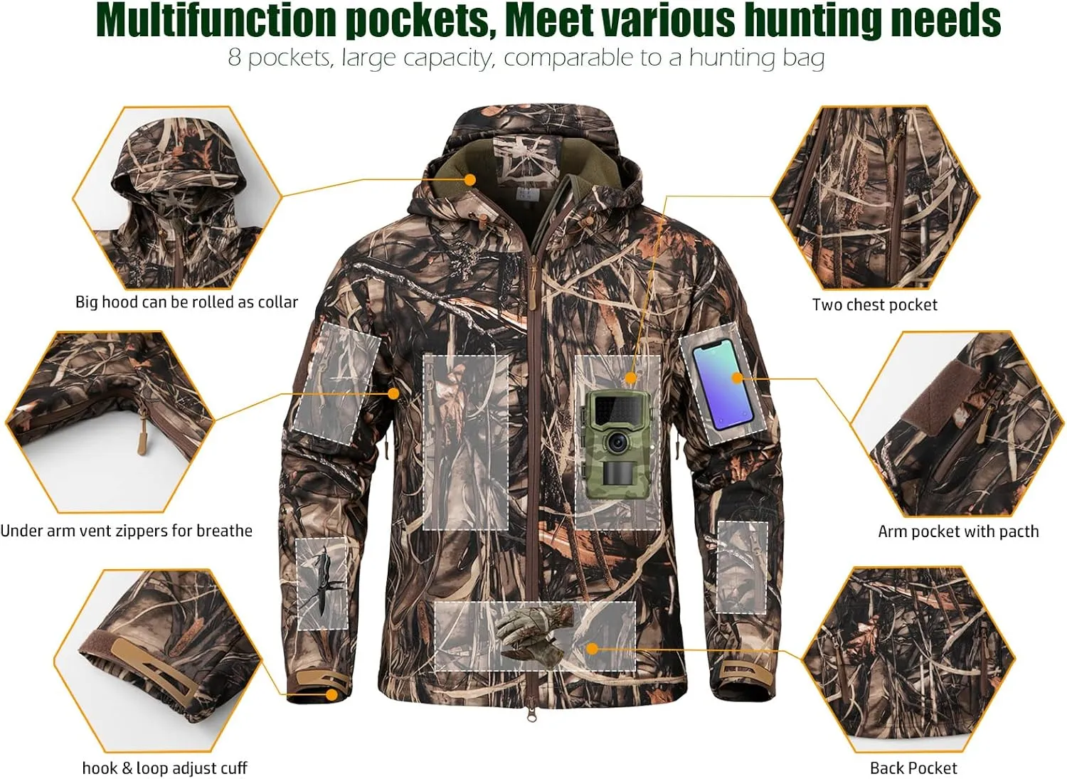 NAVEKULL Silent Hunting Clothes for Men Soft Shell Outdoor Hiking Jacket Camo Water Resistant Fleece Hooded Coat with Pockets