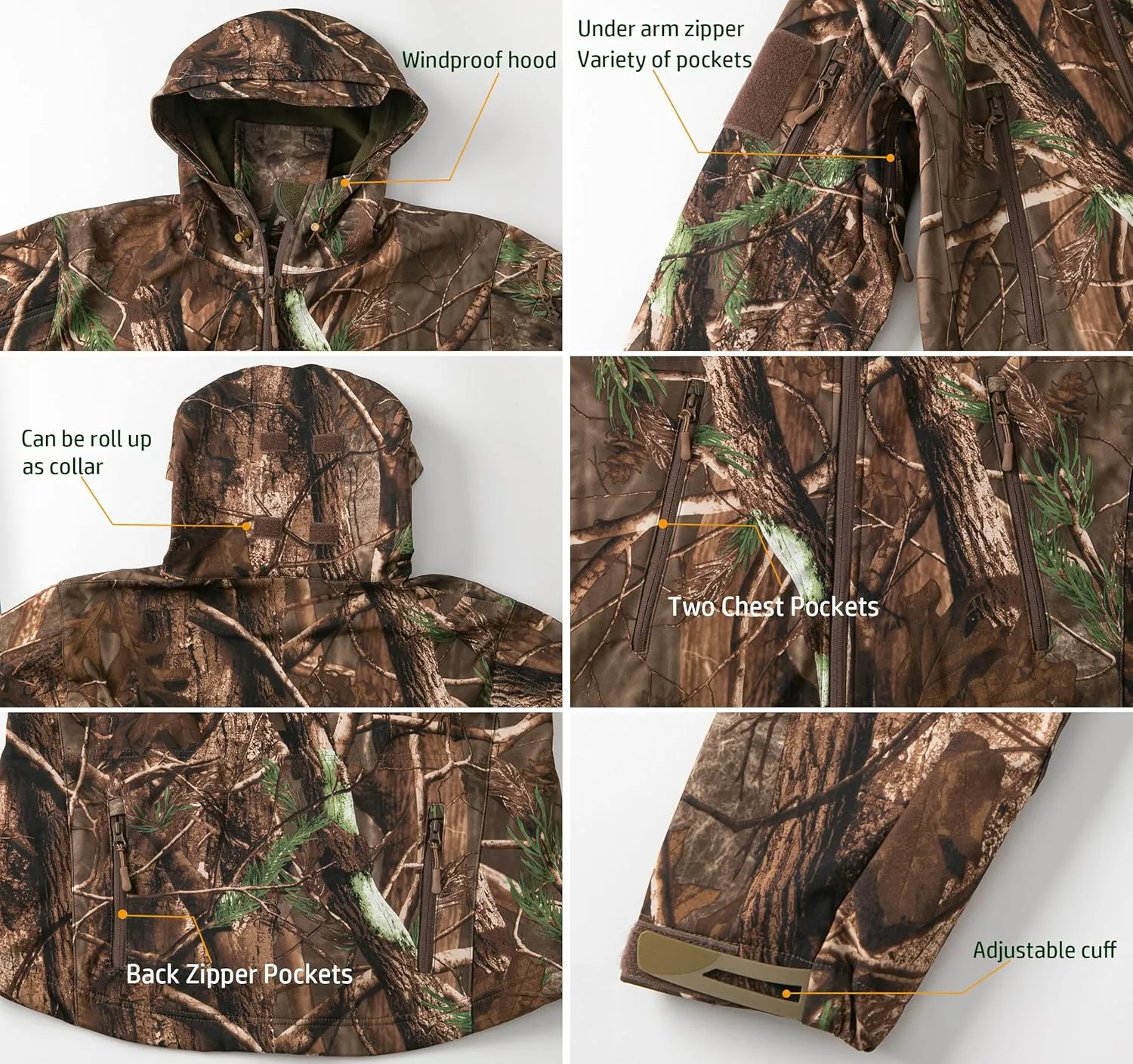 NAVEKULL Silent Hunting Clothes for Men Soft Shell Outdoor Hiking Jacket Camo Water Resistant Fleece Hooded Coat with Pockets