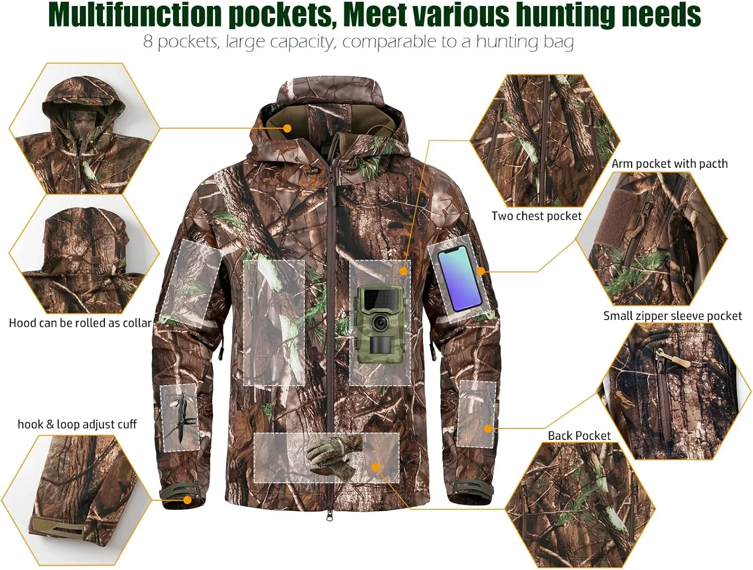 NAVEKULL Silent Hunting Clothes for Men Soft Shell Outdoor Hiking Jacket Camo Water Resistant Fleece Hooded Coat with Pockets