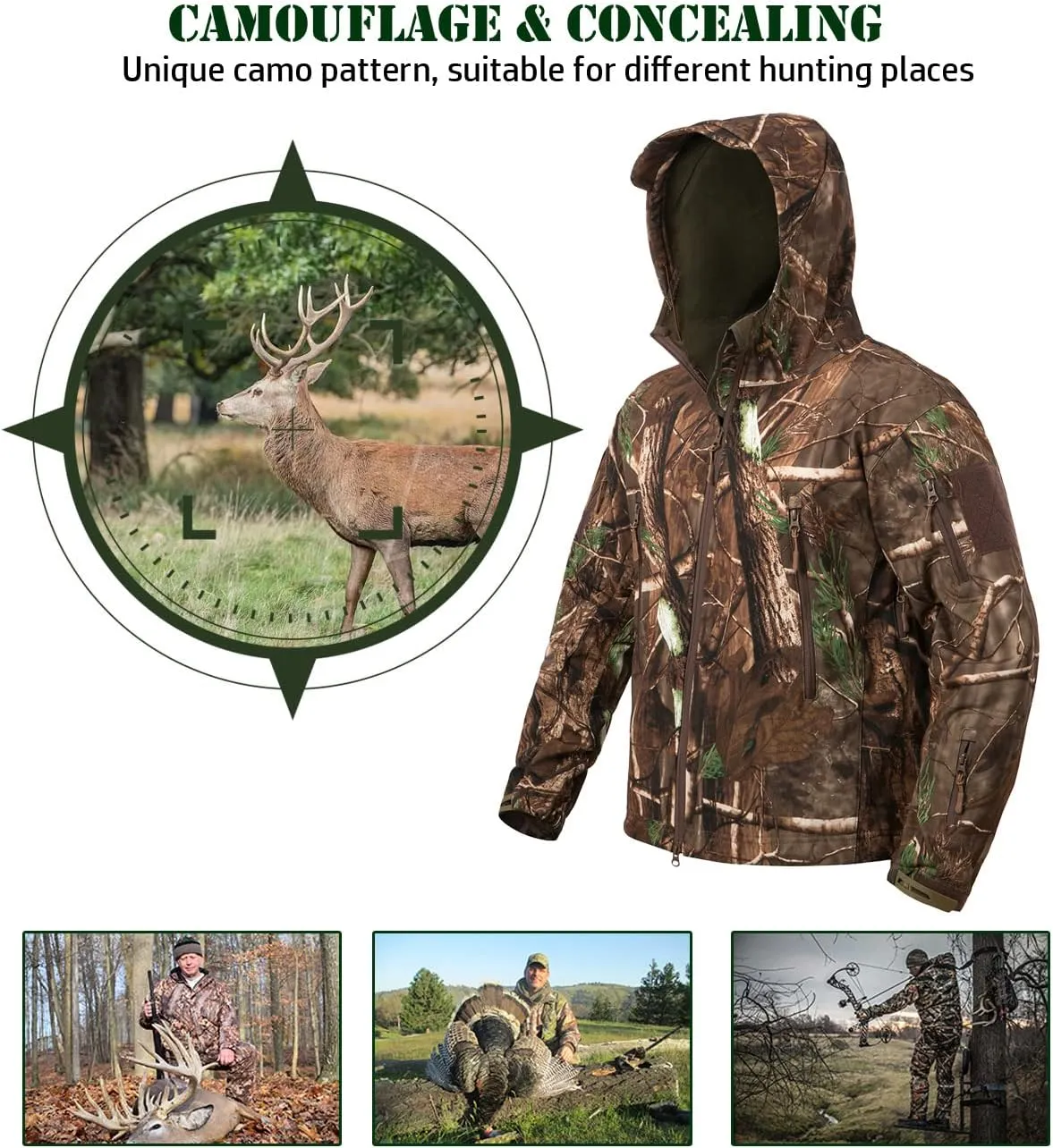 NAVEKULL Silent Hunting Clothes for Men Soft Shell Outdoor Hiking Jacket Camo Water Resistant Fleece Hooded Coat with Pockets
