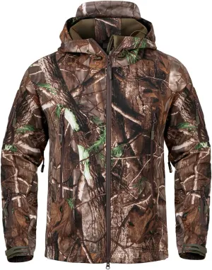NAVEKULL Silent Hunting Clothes for Men Soft Shell Outdoor Hiking Jacket Camo Water Resistant Fleece Hooded Coat with Pockets