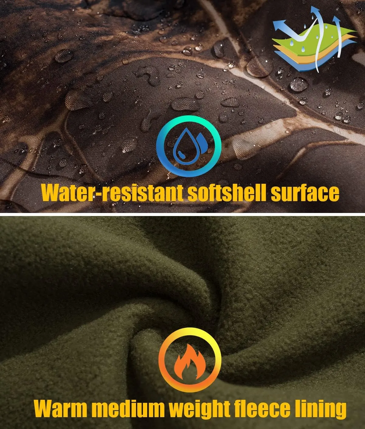 NAVEKULL Silent Hunting Clothes for Men Soft Shell Outdoor Hiking Jacket Camo Water Resistant Fleece Hooded Coat with Pockets