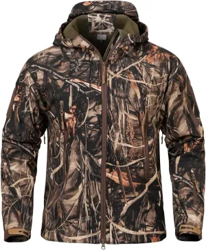 NAVEKULL Silent Hunting Clothes for Men Soft Shell Outdoor Hiking Jacket Camo Water Resistant Fleece Hooded Coat with Pockets