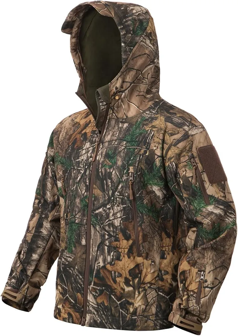 NAVEKULL Silent Hunting Clothes for Men Soft Shell Outdoor Hiking Jacket Camo Water Resistant Fleece Hooded Coat with Pockets