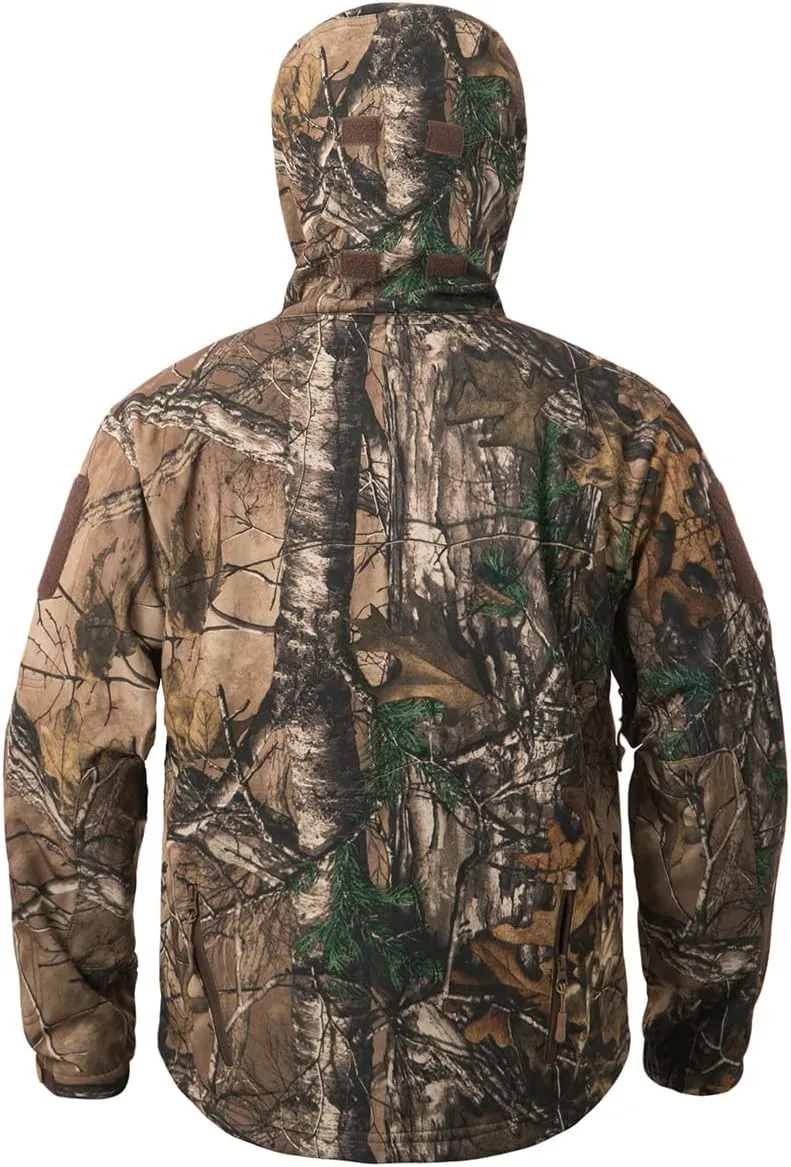 NAVEKULL Silent Hunting Clothes for Men Soft Shell Outdoor Hiking Jacket Camo Water Resistant Fleece Hooded Coat with Pockets