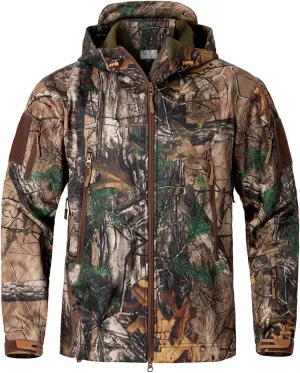 NAVEKULL Silent Hunting Clothes for Men Soft Shell Outdoor Hiking Jacket Camo Water Resistant Fleece Hooded Coat with Pockets