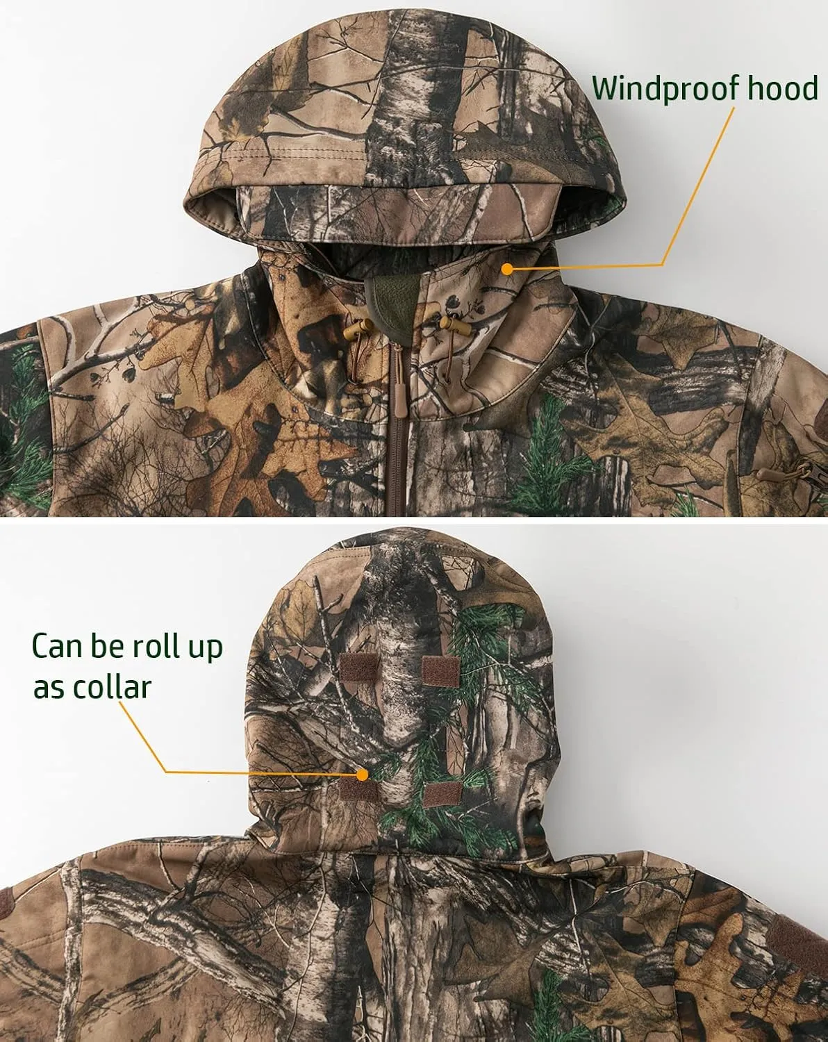 NAVEKULL Silent Hunting Clothes for Men Soft Shell Outdoor Hiking Jacket Camo Water Resistant Fleece Hooded Coat with Pockets