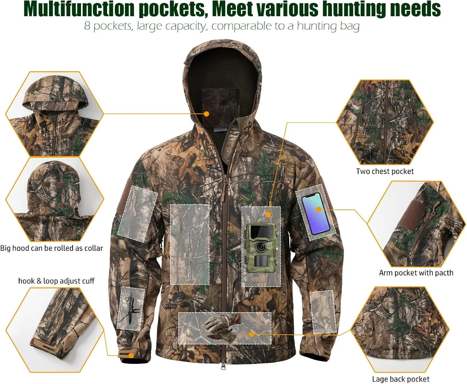 NAVEKULL Silent Hunting Clothes for Men Soft Shell Outdoor Hiking Jacket Camo Water Resistant Fleece Hooded Coat with Pockets