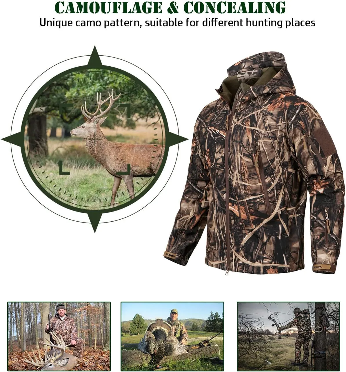 NAVEKULL Silent Hunting Clothes for Men Soft Shell Outdoor Hiking Jacket Camo Water Resistant Fleece Hooded Coat with Pockets