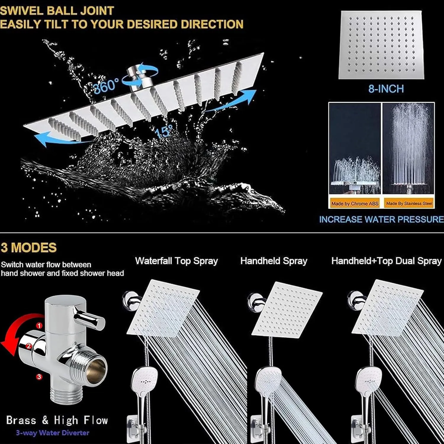 NearMoon Shower Head with Hose, High Pressure Stainless Steel Rain Shower and 3 Settings Handheld Spray Combo with Push Button Flow Control (8 Inch Showerhead Set, Chrome Finish)
