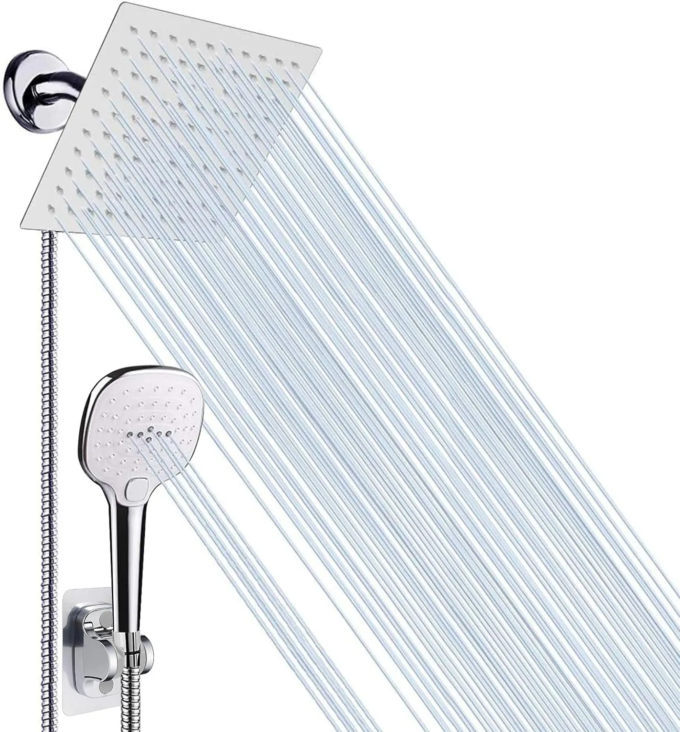 NearMoon Shower Head with Hose, High Pressure Stainless Steel Rain Shower and 3 Settings Handheld Spray Combo with Push Button Flow Control (8 Inch Showerhead Set, Chrome Finish)