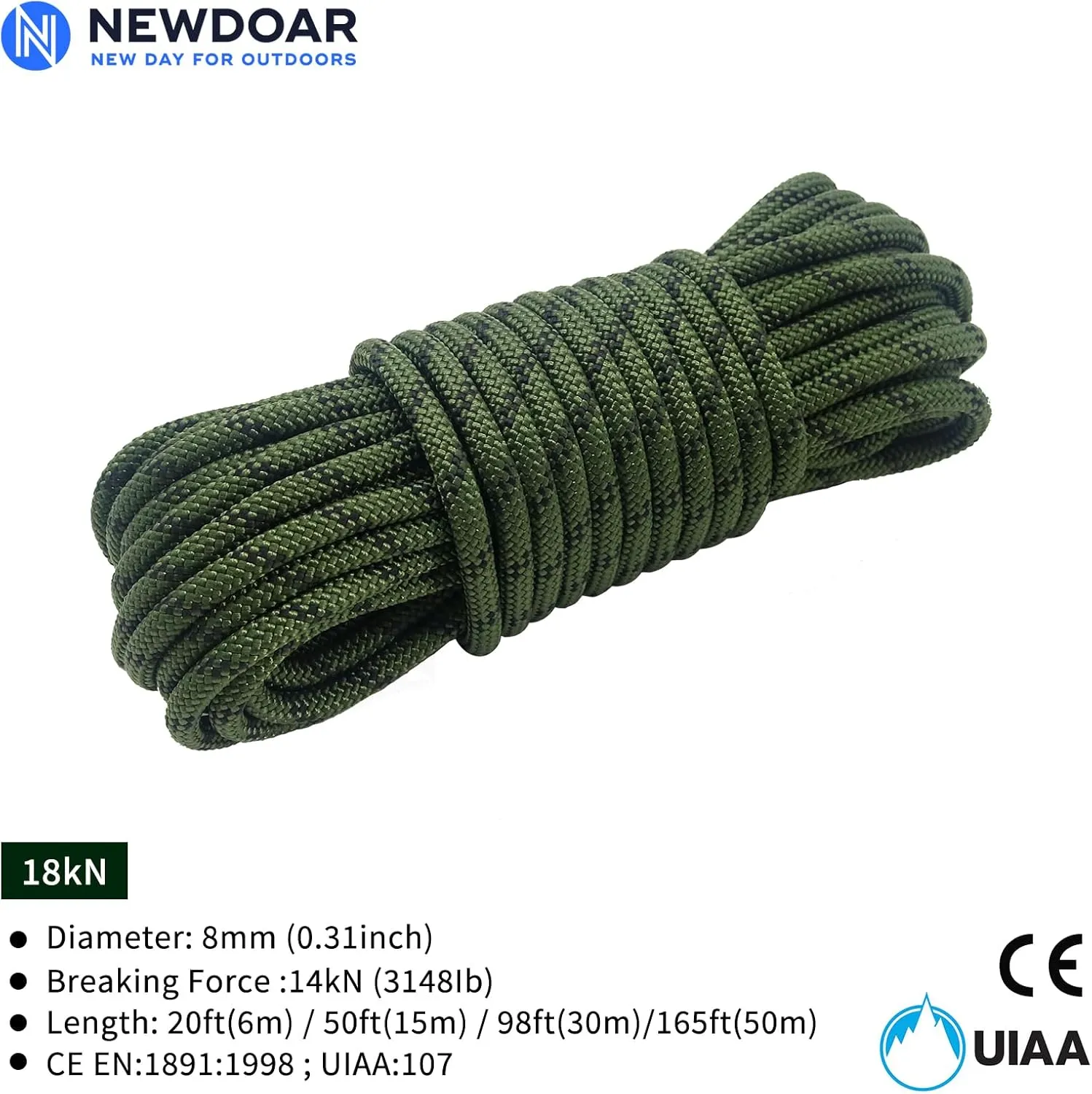 NewDoar CE & UIAA Certificated 14KN 8mm(5/16in) Static Climbing Rope High Strength Accessory Cord Double Braid Safety Rope for Outdoor Survival, Hiking, Mountaineering (ArmyGreen 8mm,50ft)