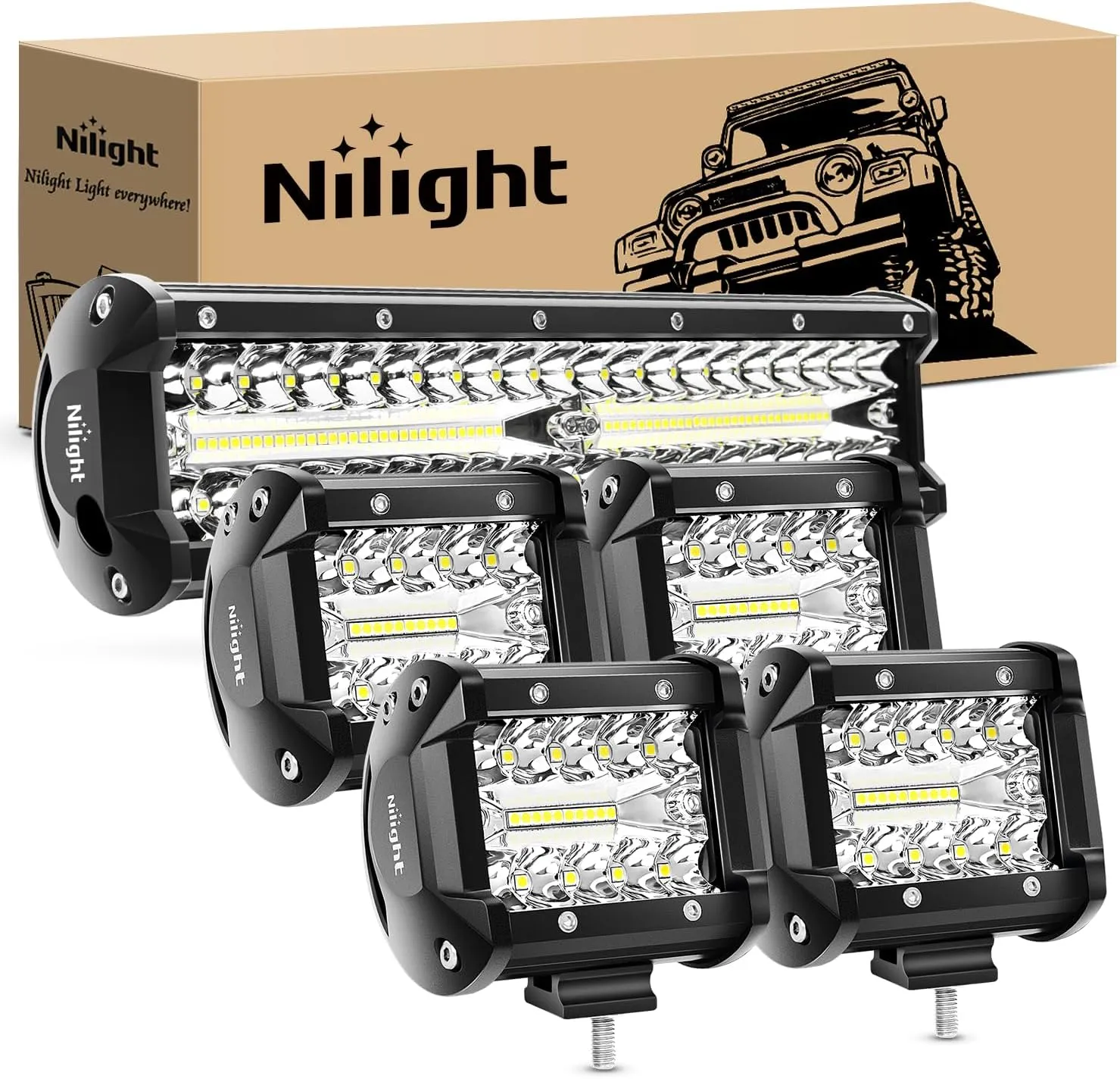 Nilight LED Light Bar 12 Inch 300W 4Pcs 4 Inch 60W Spot Flood Pods Off Road Driving Fog Work Lighting for Truck Tractor Pickup Boat SUV ATV UTV Car 4x4 Van Camper Motorcycle Dirt Bike Golf Cart