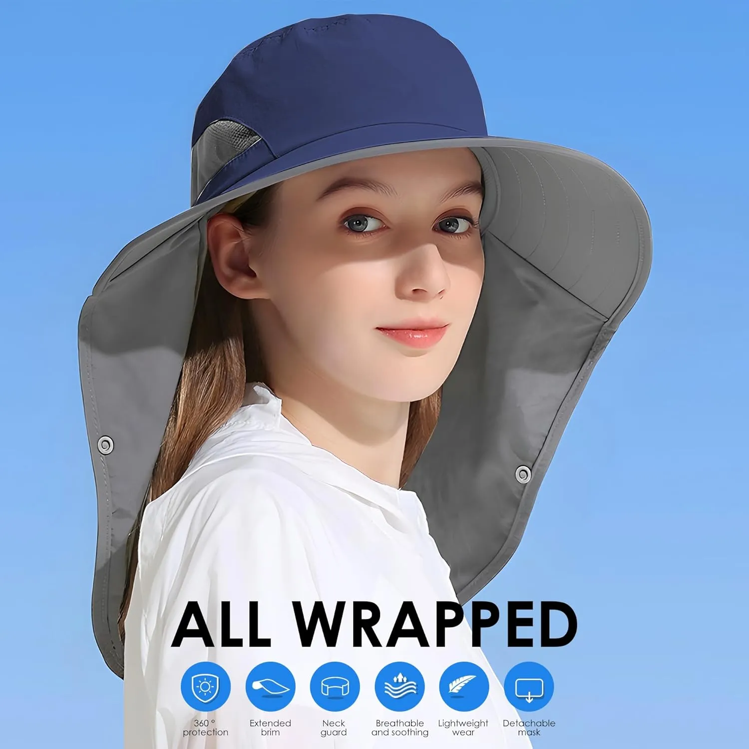 Outdoor Sun Hat Detachable Neck Face Flap UPF 50 UV Protection Visor Fishing Hats with Neck Flap for Men & Women