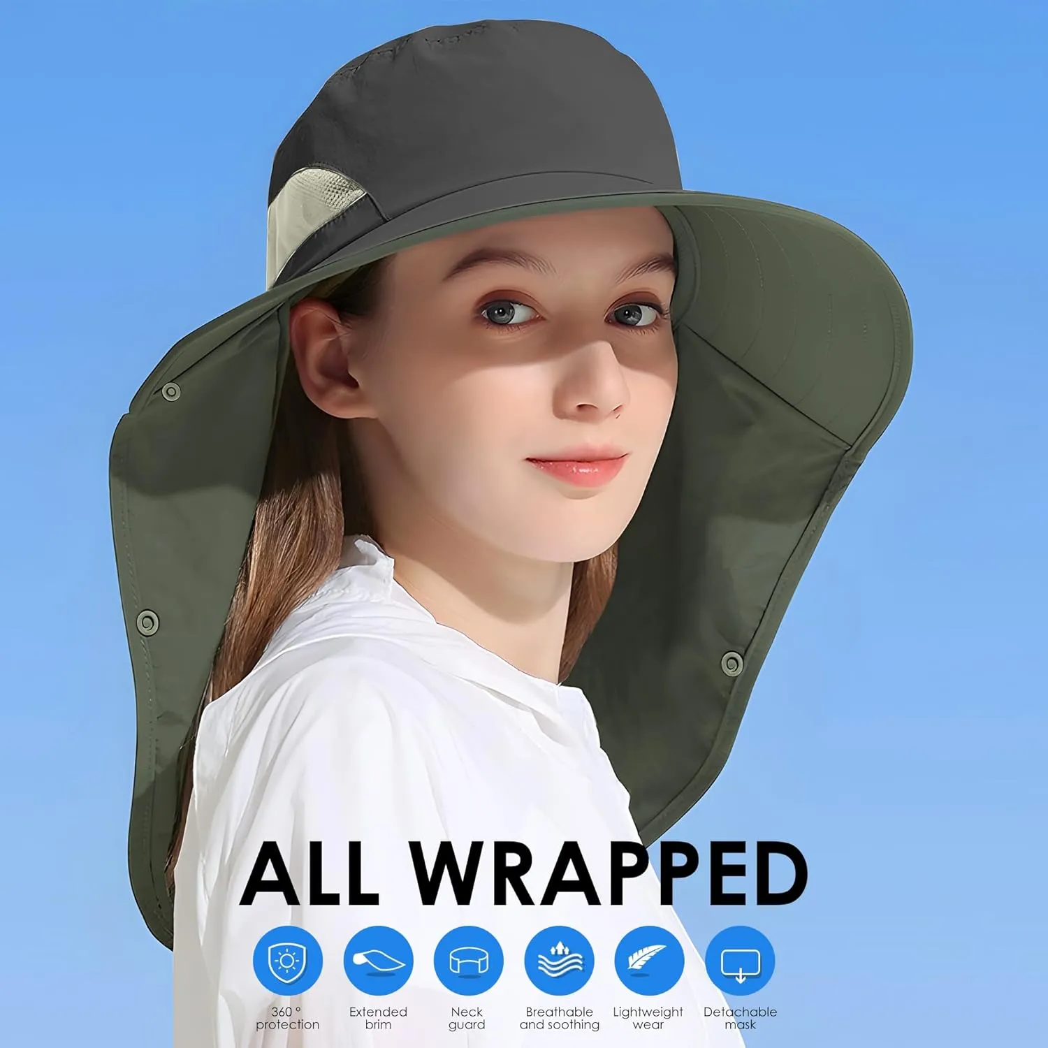 Outdoor Sun Hat Detachable Neck Face Flap UPF 50 UV Protection Visor Fishing Hats with Neck Flap for Men & Women