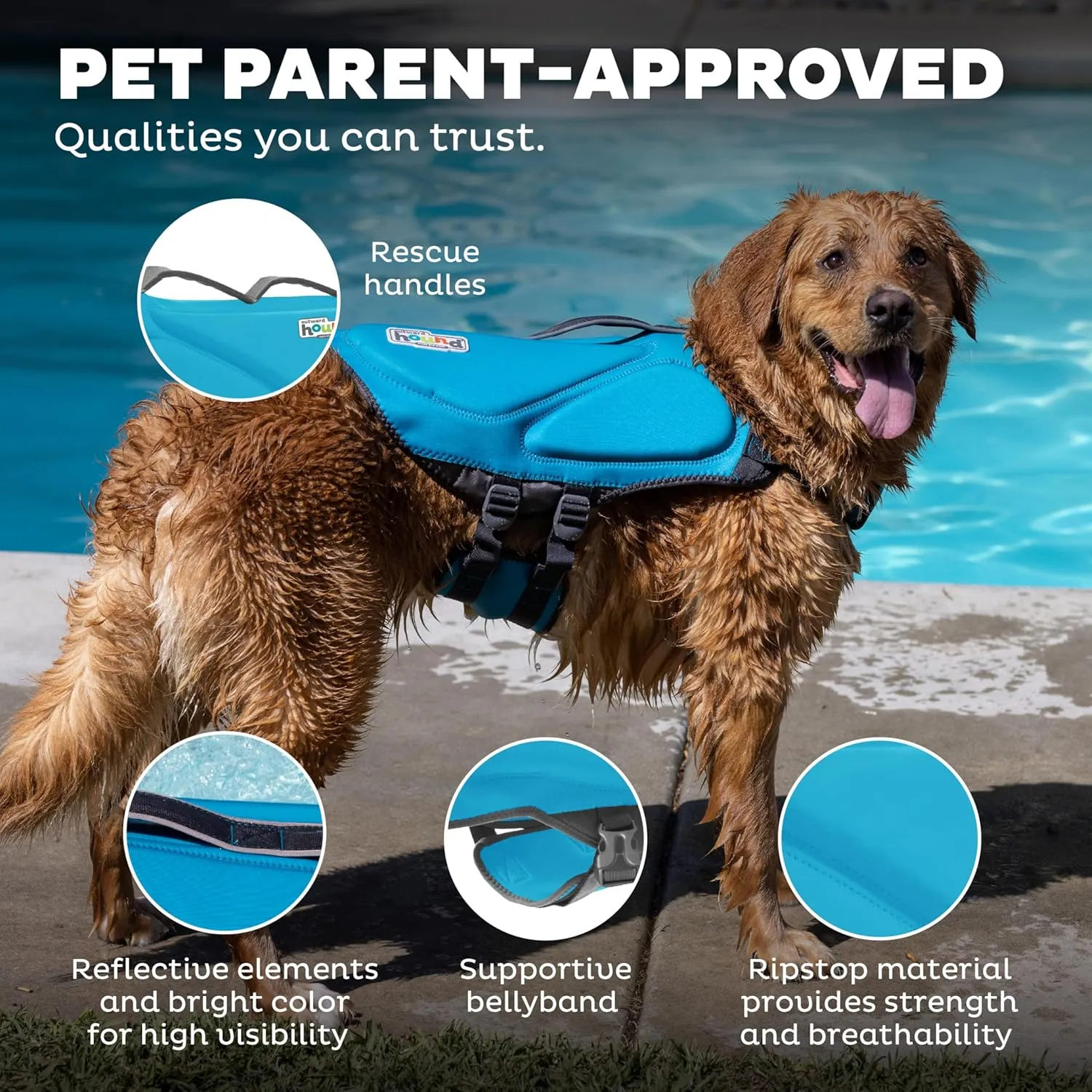 Outward Hound Dawson Swim Dog Life Jacket, High-Performance Neoprene Dog Life Vest for Swimming, Boating, and Water Safety, Medium, Blue