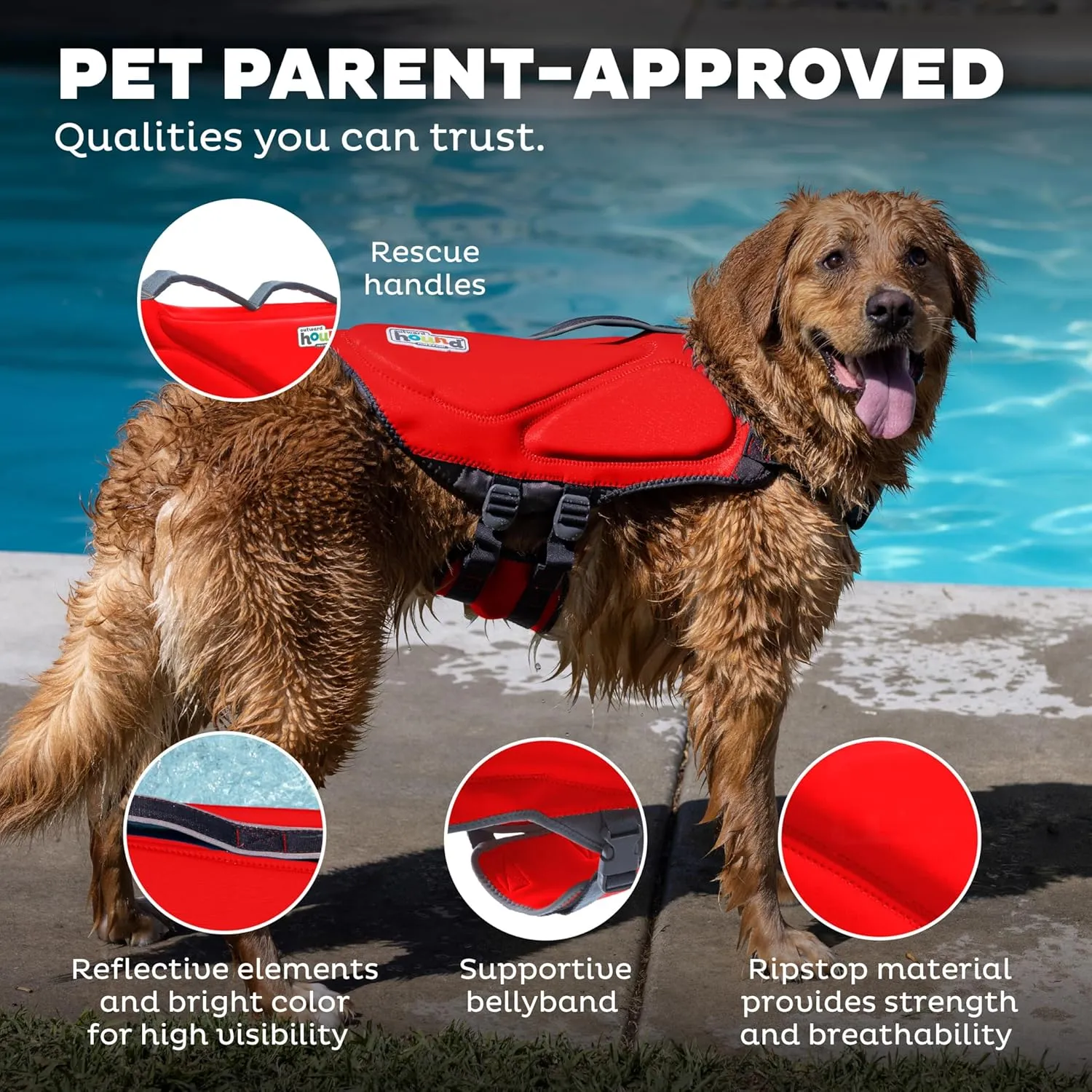 Outward Hound Dawson Swim Dog Life Jacket, High-Performance Neoprene Dog Life Vest for Swimming, Boating, and Water Safety, Medium, Red