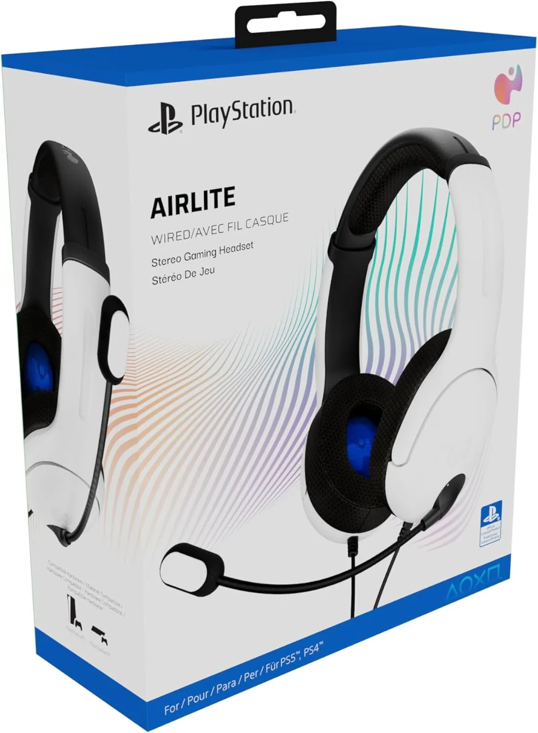 PDP AIRLITE Wired Stereo Gaming Headset, Officially Licensed by Sony PlayStation 5, PS5/PS4/PS3/PC, Lightweight Durable Headphones, 3.5mm audio jack, Noise-canceling Flip-to-Mute Mic, Frost White